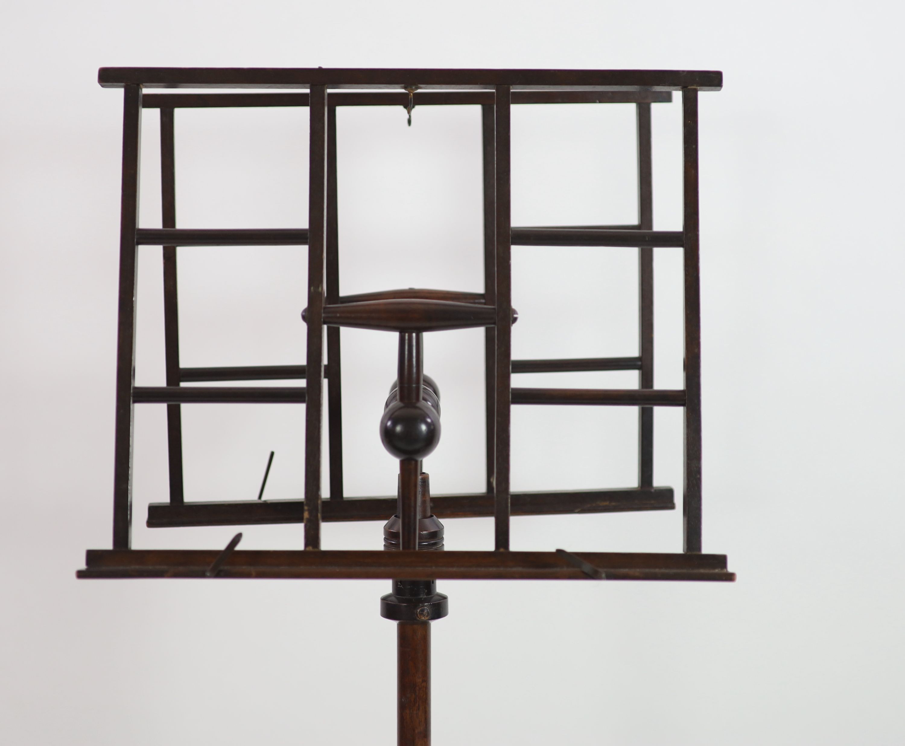 A Wheeldon's Patent turned mahogany duet stand of aesthetic design, W.41cm H.146cm